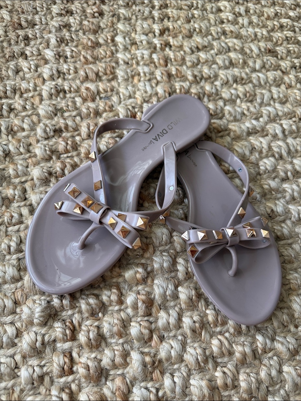 Wild Diva Nude Taupe Jelly Bow Sandals with Gold Studs  look like Valent1no